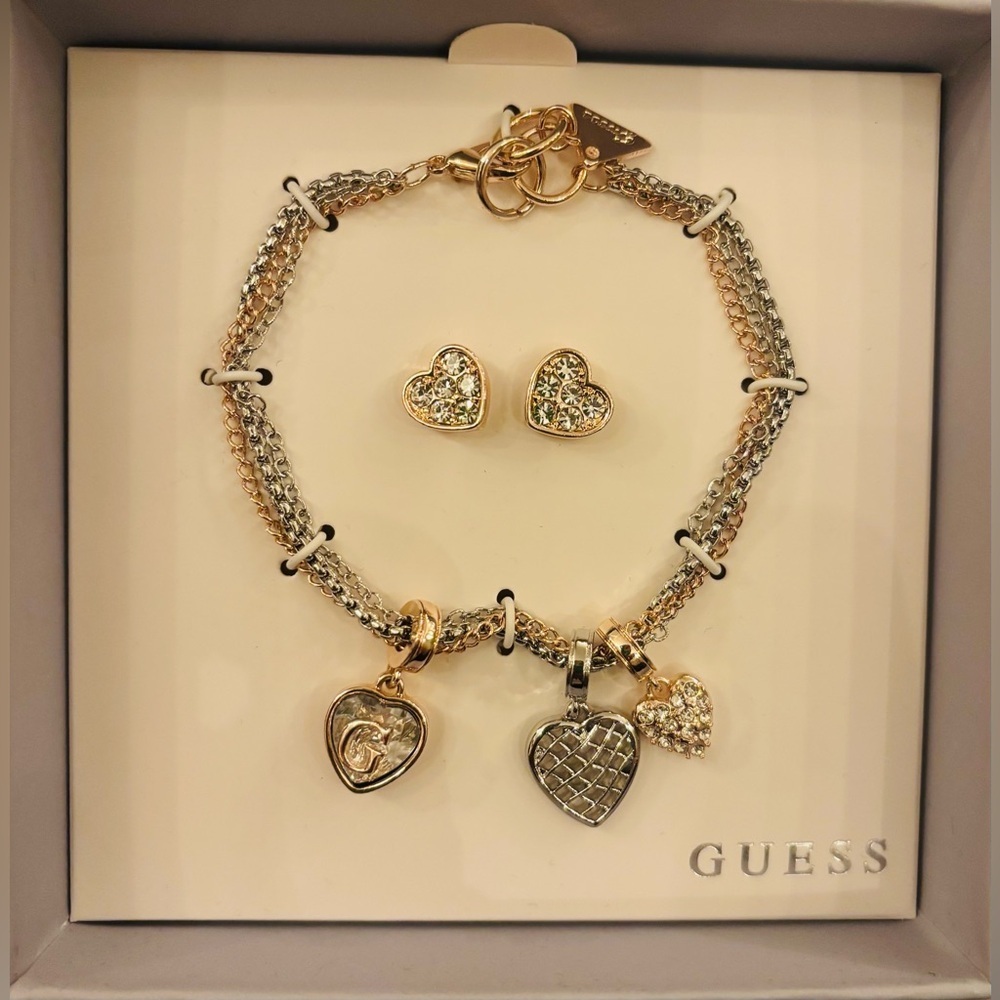 NWT Guess Mixed-Tone Heart Layered Bracelet And Earrings Box Set - Picture 3 of 3